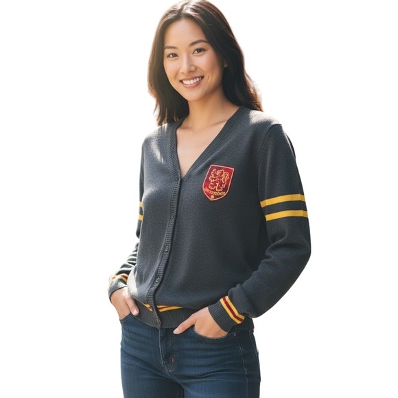 NWT Harry Potter Womens Gryffindor Size M Cardigan Sweater Gray Preppy - Picture 1 of 12